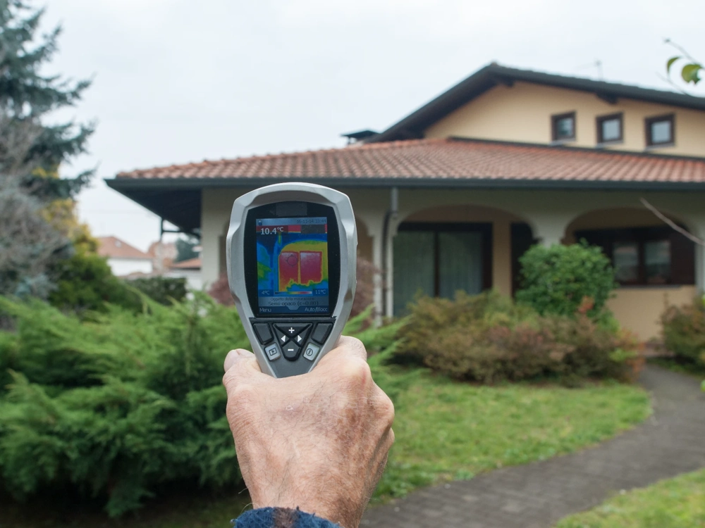 Termomodernizacja: ręka trzyma kamerę termowizyjną skierowaną na elewację domu ukazującą różnice temperatur