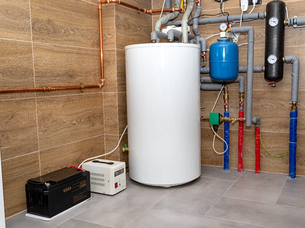 Instalacje hydrauliczne z białym zasobnikiem ciepłej wody i przewodami z izolacją termiczną w kotłowni