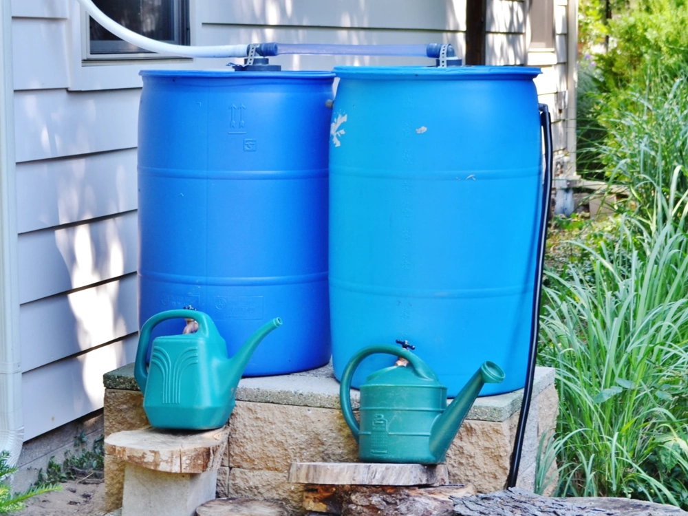 Dwa niebieskie zbiorniki na deszczówkę z przewodami i konewkami ustawione przy budynku