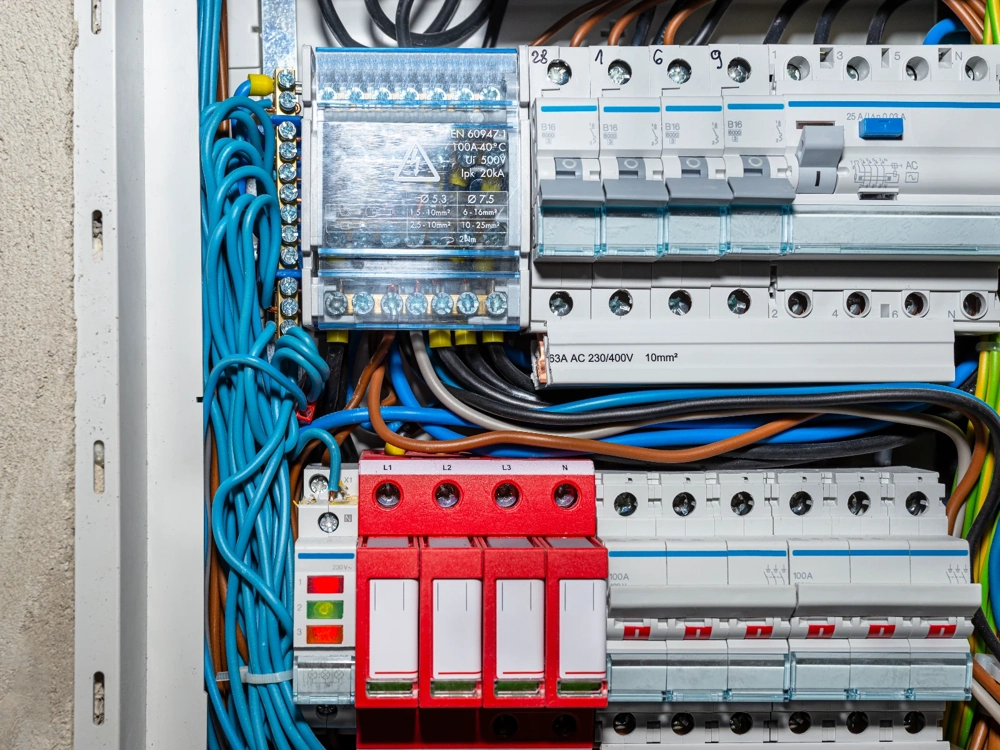 Tablica rozdzielcza z bezpiecznikami i kolorowymi przewodami przy montażu instalacji elektrycznej