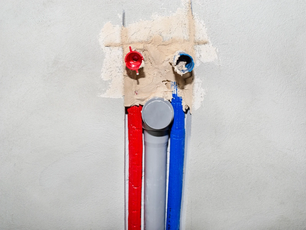Rury ciepłej (czerwona) i zimnej (niebieska) wody oraz rura kanalizacyjna w ścianie, instalacje hydrauliczne