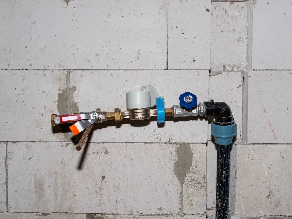 Instalacje hydrauliczne: wodomierz i zawór odcinający na ścianie z bloczków